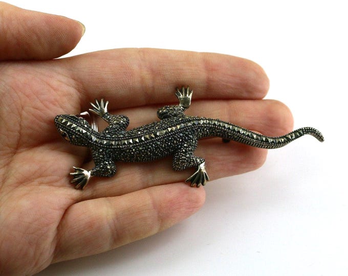 Vintage Large Long Shiny Lizard Reptile Marcasite Stones Animal Brooch Sterling Silver 925 BB 723