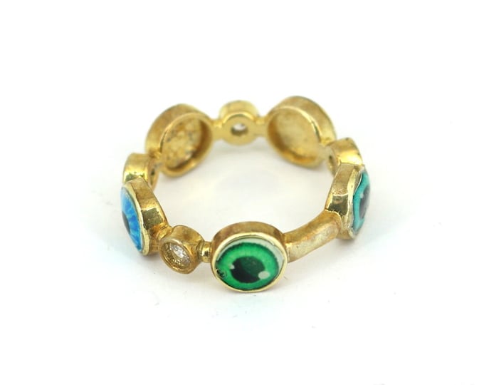 Vintage Evil Eye Sparkling Crystal CZ Enamel Gold Plated Ring 925 Sterling Silver RG 2819