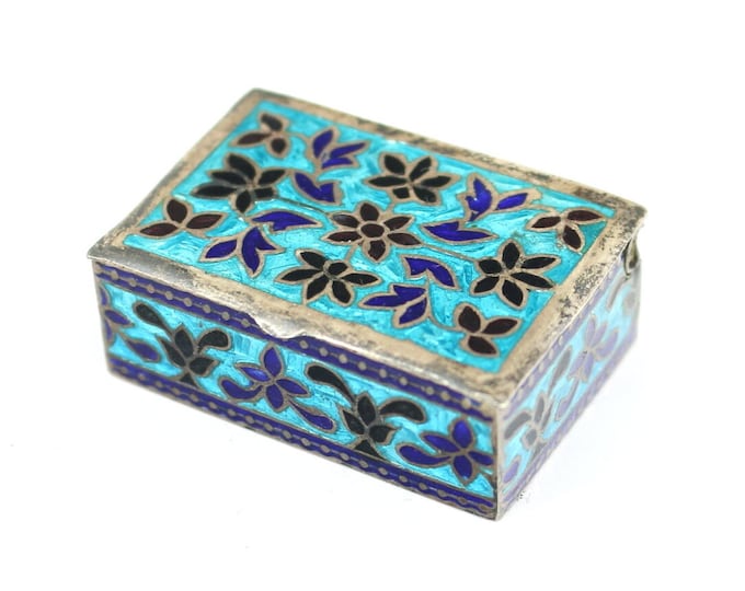Vintage  Blue Maroon Enamel Flower Small Trinket Case Box Sterling 925 Silver OT 464