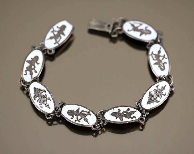 Vintage Siam Niello Dancer White Enamel Link Chain Design Bracelet 925 Sterling BR 3940