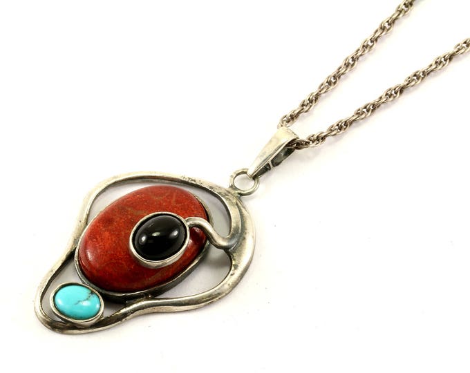 Vintage Onyx Jasper & Turquoise Navajo Southwestern Design Necklace 26.5 in |  Sterling 925 Silver Necklace NC 1371