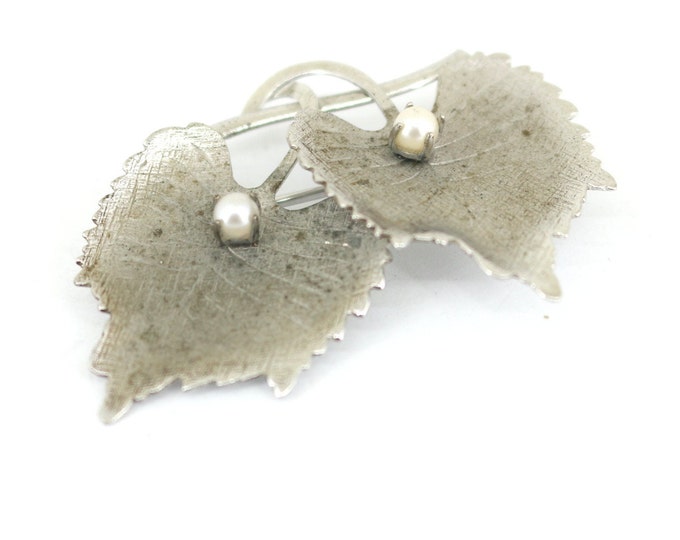 Vintage Carl Art Leaf Real Pearl Design Brooch Pin Sterling Silver 925 BB 2208