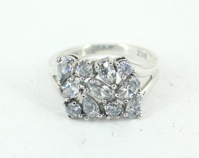 Vintage Size 7 Simulated Marquise White Floral CZ Ring 925 Sterling RG 4560