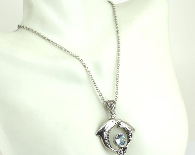 Vintage Beautiful Balinese Two Dolphins & Sky Blue CZ Crystal Necklace 925 Sterling Silver NC 2039