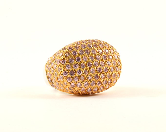 Vintage Size 7.5 Oval Sparkling Pink Crystals 14K Gold Tone Cocktail Ring  Sterling 925 Silver RG 2800