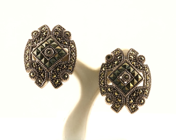 Vintage Judith Jack Scroll Design Marcasite Clip On Earrings Sterling Silver ER 808