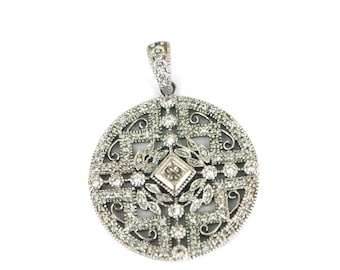 Vintage Round Floral Design CZ Crystals Pendant 925 Sterling PD 2748