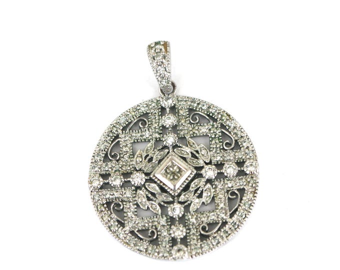 Vintage Round Floral Design CZ Crystals Pendant 925 Sterling PD 2798