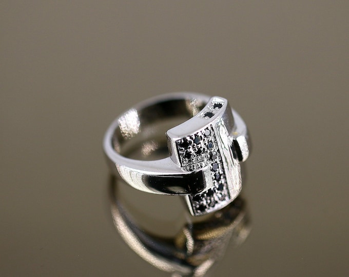 Vintage Size 8 Rectangle Black Crystals CZ Design Statement Ring 925 Sterling Silver RG 2593