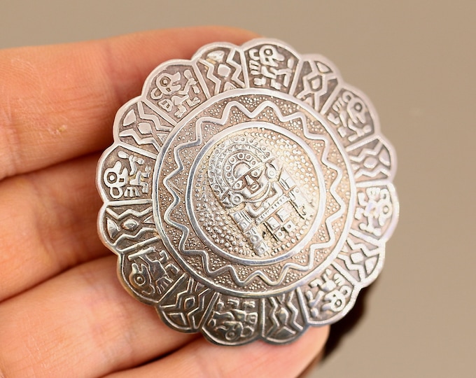 Vintage Beautiful Aztec Mayan Calendar Design Pin/Brooch 925 Sterling BB 1828