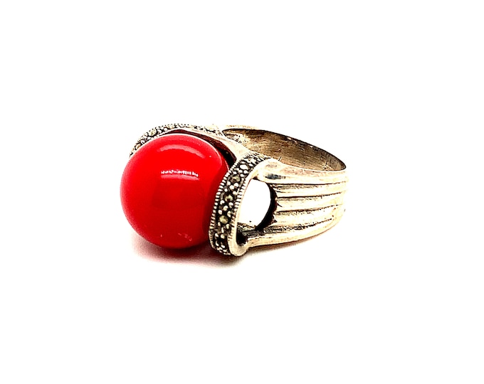 Vintage Size 6  Marcasite Stone Ring | Cut Design Ring | Red Ball Design Ring | 925 Sterling Silver Ring RG 4478R
