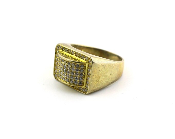 Vintage CZ Crystal Signet Ring: Gold Plated 925 Sterling Silver, Size 13 RG 3676