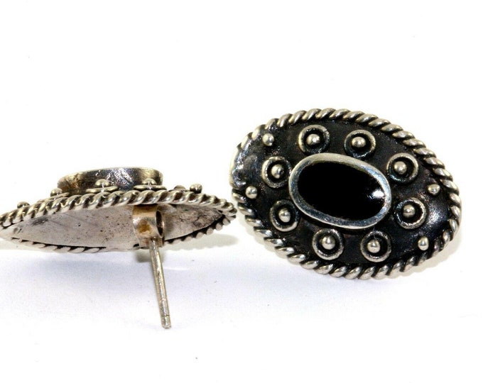 Vtg Marquise Shape Beaded Onyx Stud Earrings 925 Sterling Er 709