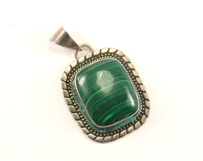 Vintage Large Green Malachite Design Pendant 925 Sterling  PD 2784J