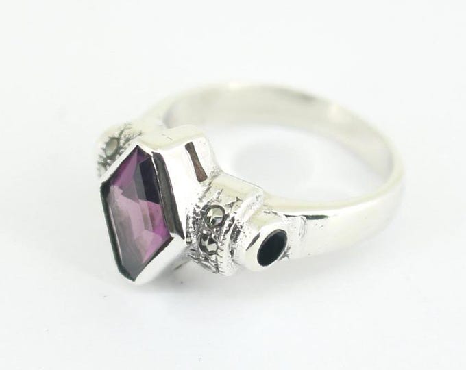 Vintage Size 7.25 Rhombus Purple Amethyst Sparkling Marcasite Stones Design Statement Ring 925 Sterling RG 2300
