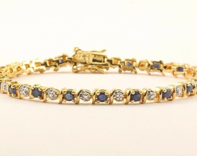 Vintage White & Blue Crystal Cz Gold Tone Tennis Bracelet Sterling Br 811