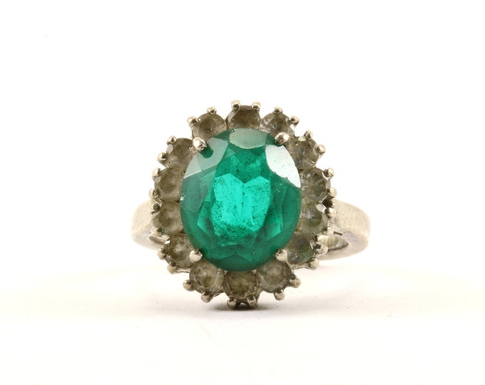 Vintage Emerald Color Crystal Design Cocktail Ring 925 Sterling RG 3586