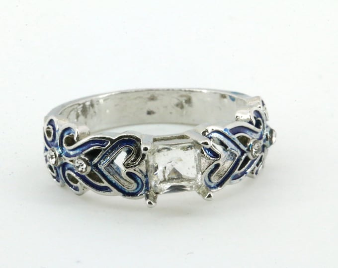 Size 9.5 Square White Crystal Blue Swirl Design Ring 925 Sterling Silver RG 272