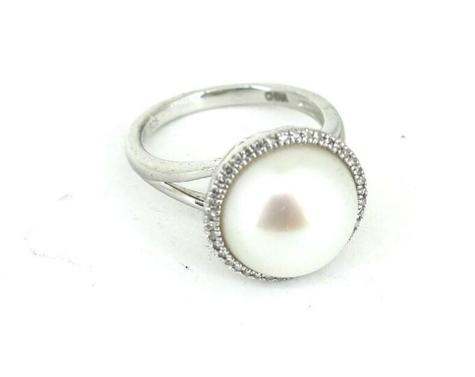 Vintage Size 5 China Natural Pearl CZ Ring Sterling 925 Silver RG 4197