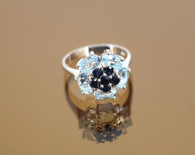 Vintage Size 7| Black & Light Blue CZ Crystals| Flower Statement Ring 925 Sterling Silver  RG 4780