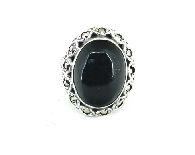 Vintage Size 6  Black Onyx & Marcasite Design Ring 925 Sterling Silver RG 3477