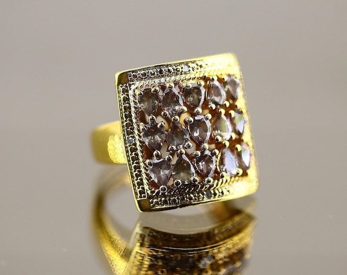 Vintage Size 6 Sparkling Crystals CZ Gold Tone Design Statement Ring 925 Sterling Silver RG 129