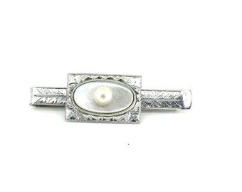 Pince à cravate vintage en nacre incrustée de perles véritables gravées en argent sterling 925 OT 356B