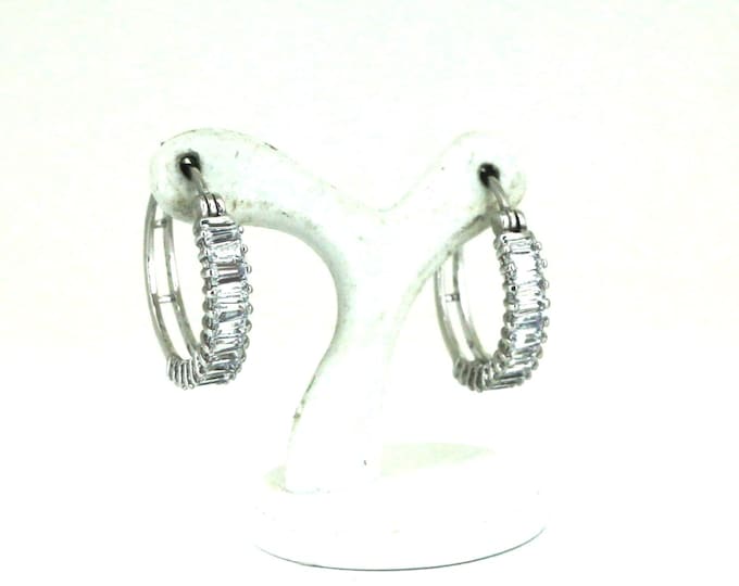 Vintage Shimmering Clear CZ Inlay Hoop Earrings Sterling Silver ER 1629