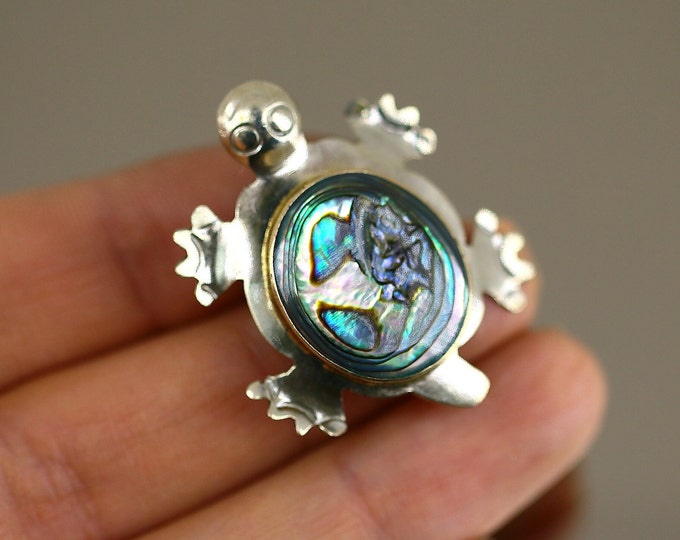 Vintage Small Turtle  Abalone Shell Design Brooch Pin Sterling Silver 925 BB 1930