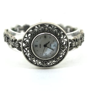 Vintage Boma Scroll Marcasite Stones Small Wrist Quartz Watch 925 Sterling Silver OT 216