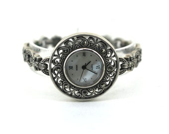 Vintage Boma Scroll Marcasite Stones Small Wrist Quartz Watch 925 Sterling Silver OT 216
