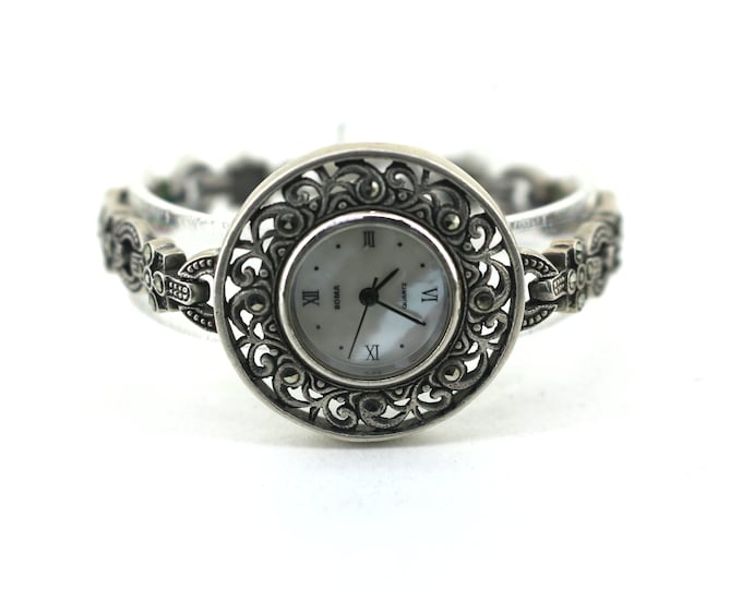 Vintage Boma Scroll Marcasite Stones Small Wrist Quartz Watch 925 Sterling Silver OT 216