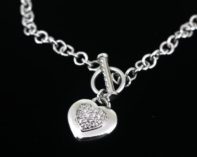 Vintage 18 Inch Heart Love Crystal Toggle Design Necklace 925 Sterling Nc 1531