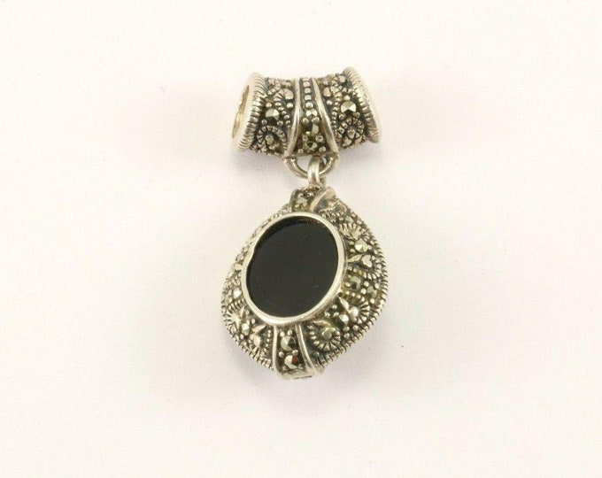 Vintage Black Onyx Marcasite Drop Shape Design Pendant 925 Sterling Pd 1888(401734525847)