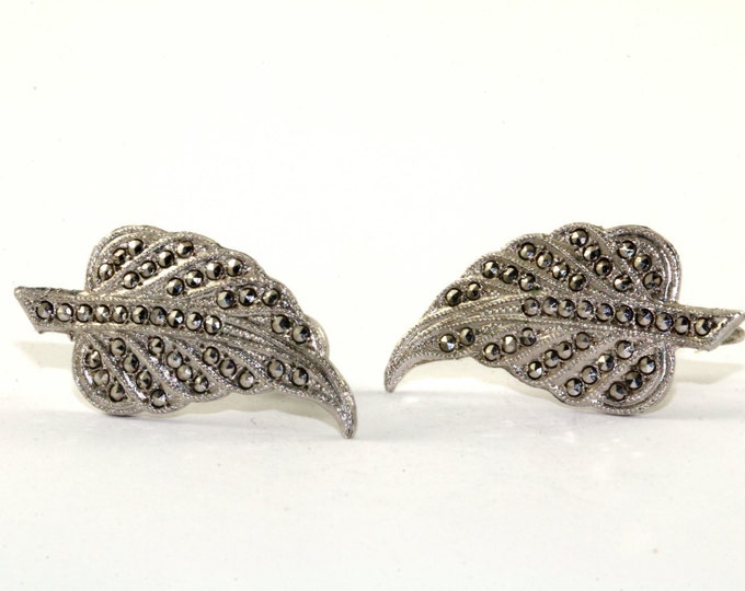 Vintage Leaf Marcasite Inlay Screw back Earrings Sterling Silver ER 803