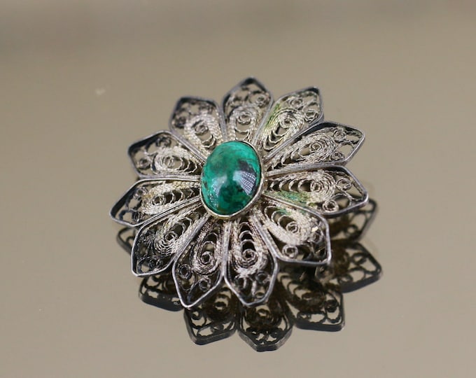 Vintage Israel Flower Natural Green Malachite Stone Filigree Design Brooch Sterling Silver 925 BB 2323