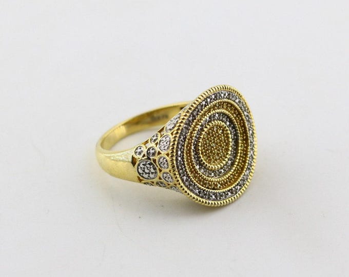 Vintage Size 10 Sj Real White And Yellow Diamonds Two Tone Circles Round Design Signet Ring Sterling 925 Silver  RG 4477