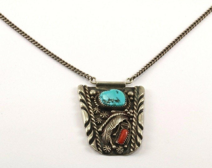 Vintage Navajo Natural Turquoise Coral Stone Braided Twisted Beaded Pendant Curb Chain Necklace 925 Sterling Silver Nc 33