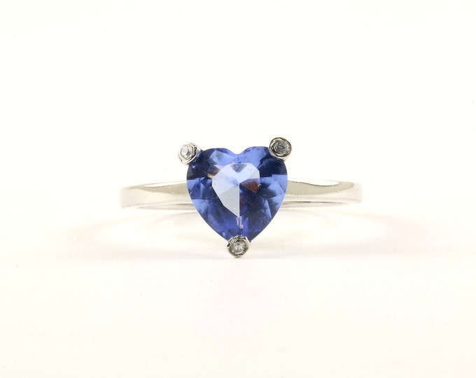 Vintage Size 7 Blue Heart Shape Crystal Design Ring 925 Sterling Silver RG 2537