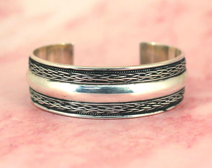 Vintage  Textured Braided Wide 925 Sterling Silver Cuff Bracelet BR 196