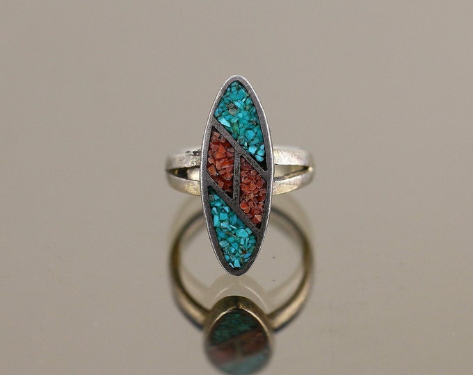 Vintage Size 5 Oval Spider Web Turquoise Coral Navajo Design Ring 925 Sterling Silver RG 972