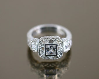 Vintage Square Cushion Shape White Diamond Cut Shiny Crystals CZ Band Design Ring 925 Sterling Silver Size 7.5 RG 983