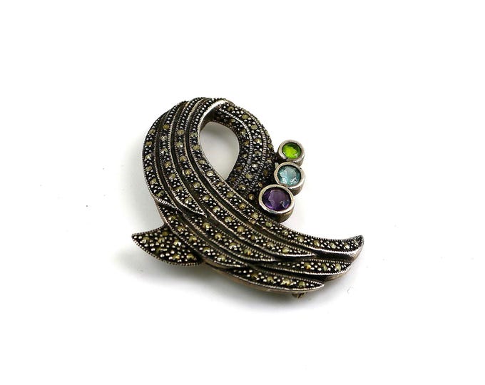 Vintage Large Scroll Shiny Wave Wing Crystals CZ Elegant Marcasite Brooch Pin Sterling Silver 925 BB 1311