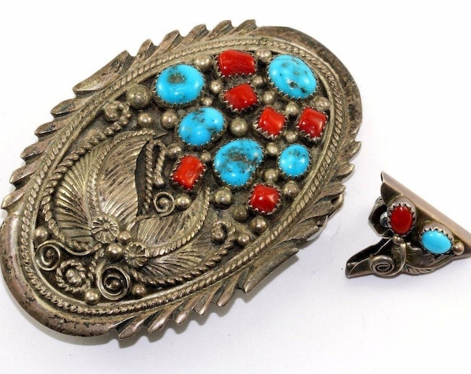 Michael Mendoza Navajo Southwest Turquoise Coral Design Sterling 925 Silver Belt Buckle Set Ot 133