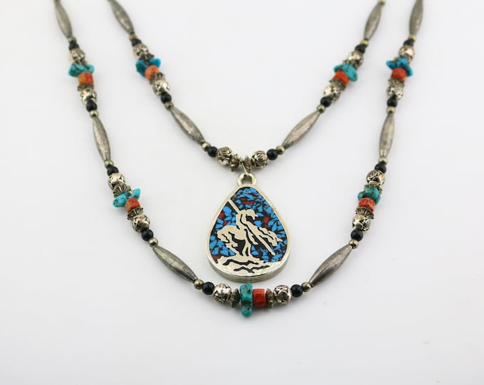 Vintage 2-Strand Beaded Rare Blue Turquoise Onyx Coral Pawn Knight On Horse Pendant Navajo Chain Necklace 925 Sterling NC 977D