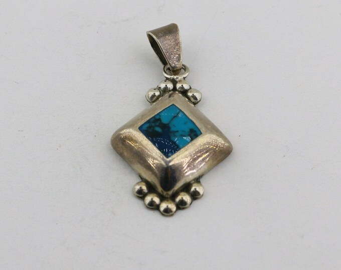 Vintage Native American Beaded Square Shape Blue Stone Design Pendant 925 Sterling PD 1602U