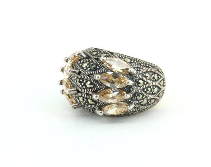 Vintage Size 5.5, 5.75 Dome Shape Marcasite & Yellow CZ Inlay Ring 925 Sterling Silver Rg 4399