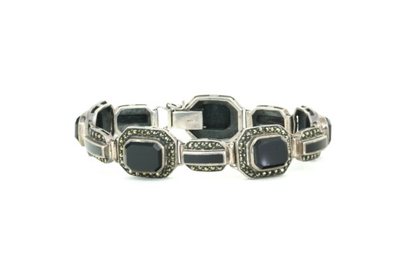 Vintage 6.5 Onyx Shiny Link Bracelet Sterling Silver BR 2820