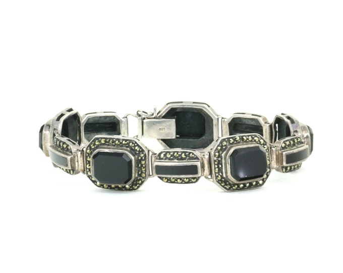 Vintage 6.5  Onyx Shiny Link Bracelet Sterling Silver BR 2820