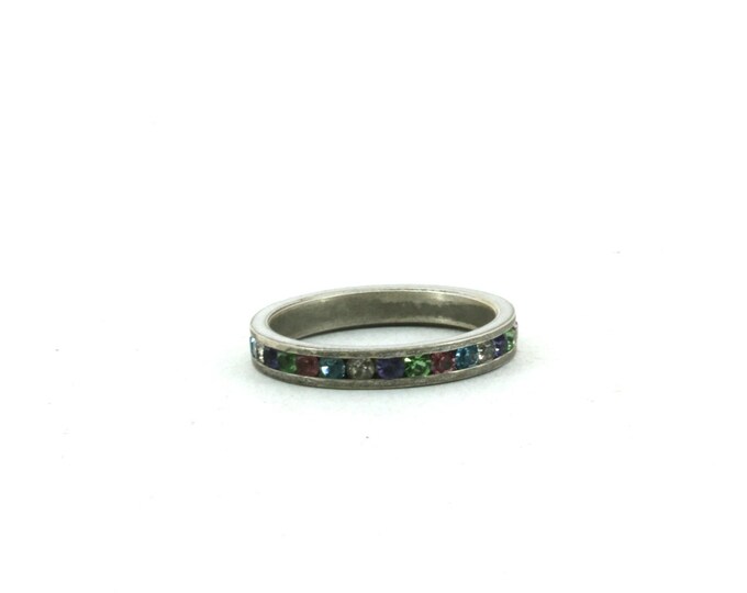 Size 6 Round Multi Color Crystals Design Open Cut Vintage Ring 925 Sterling Silver RG 2445